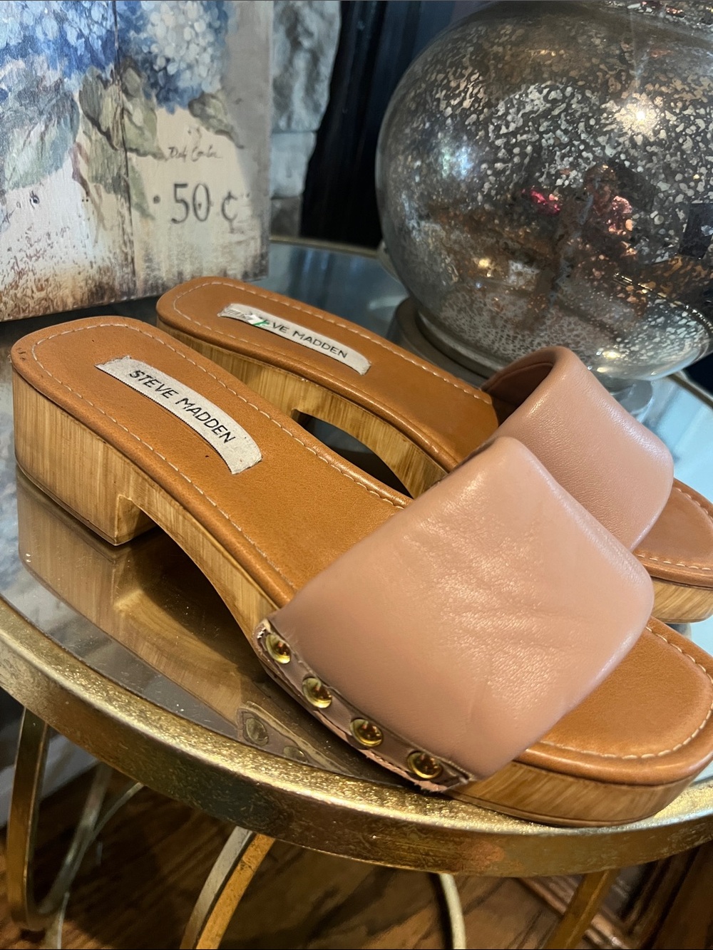 Steve Madden Blush Pink Leather Slide Clogs with Stud Accents